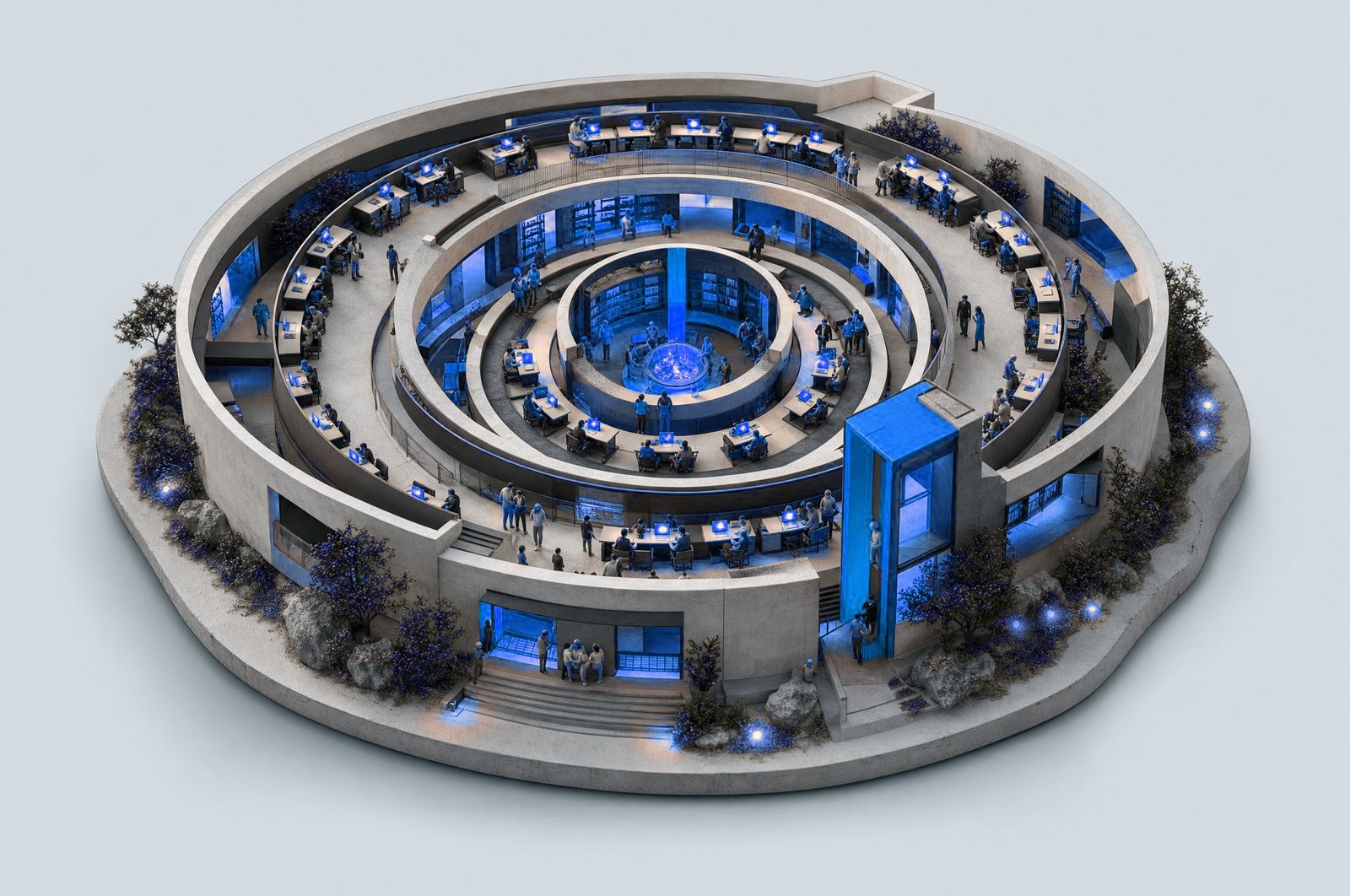 The diagnostic diorama: a miniature ring observatory, its core lighting the campus it reads